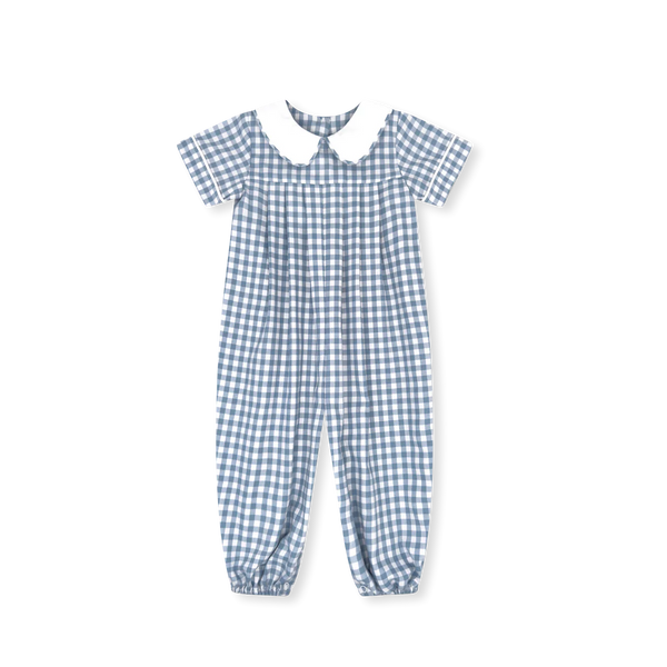 Precious Pleated Romper- Stone Blue Gingham