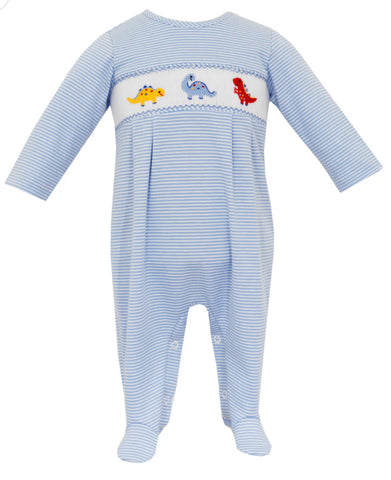 Blue Striped Smocked Dino Footie